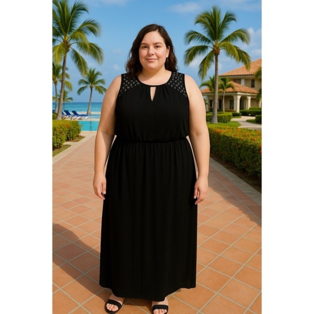 DressBarn Established 1962 Women 16 Embroidery Black Maxi‎ Keyhole Dress Summer